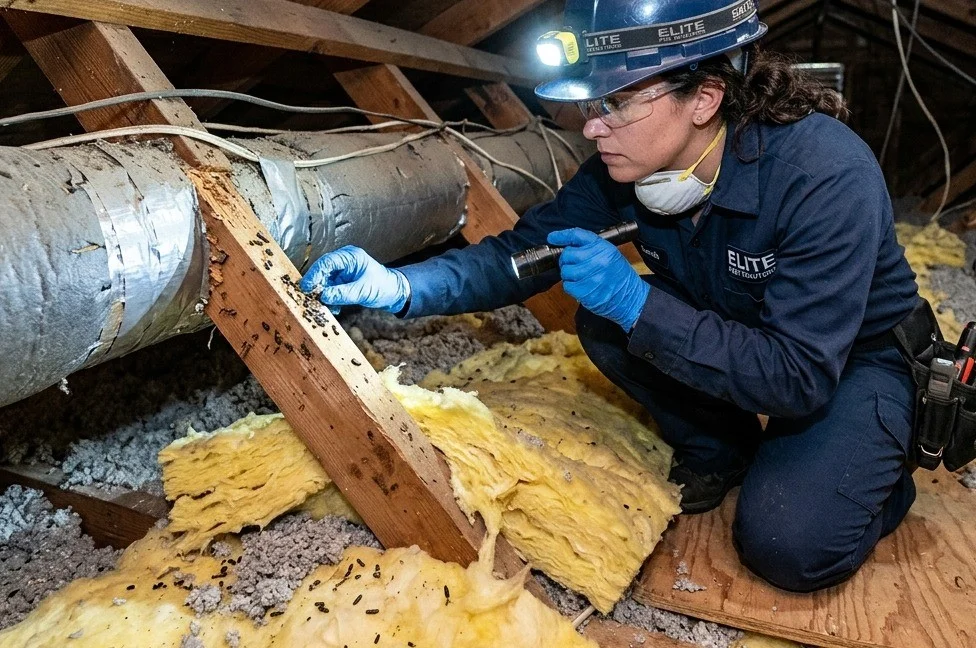 Pest control technician inspecting insulation and attic gaps for winter rodent proofing in Henrico