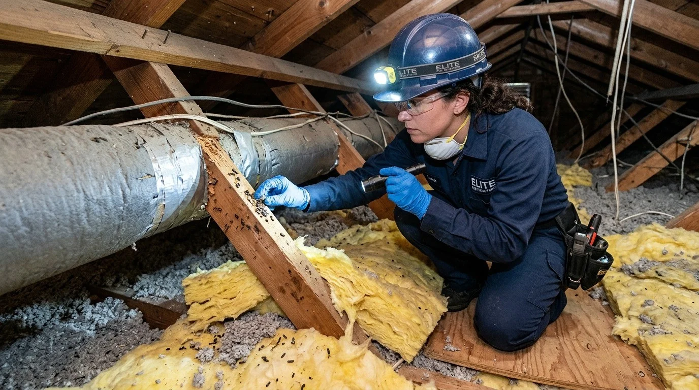 Pest control technician inspecting residential attic insulation for rodent damage in Henrico County, VA