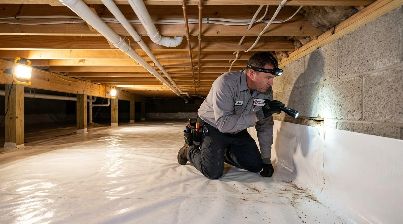 Pest control technician inspecting clean crawl space vapor barrier and foundation in Henrico VA