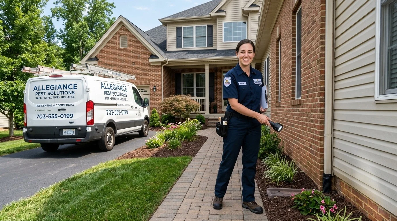 Pest control technician inspecting residential home exterior in Henrico County ahead of fall rodent surge
